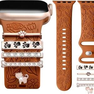 Flower Engraved Band Compatible with Apple Watch Bands for Women RedBrown Band